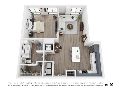 Floor plan for 1 bed, 1 bath, 1035 sqft